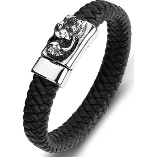 Trendy Braided Leather Handmade Bracelet Men Punk Rock Jewelry Stainless Steel Dragon Head Vintage Bangles Male Wristband P092