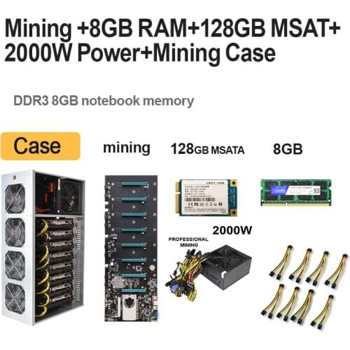 Mining Motherboard Set Combo 8 GPU Bitcoin Crypto Ethereum BTC Low Power with 8GB RAM 128GB MSATA SSD Power Cable Mining Case
