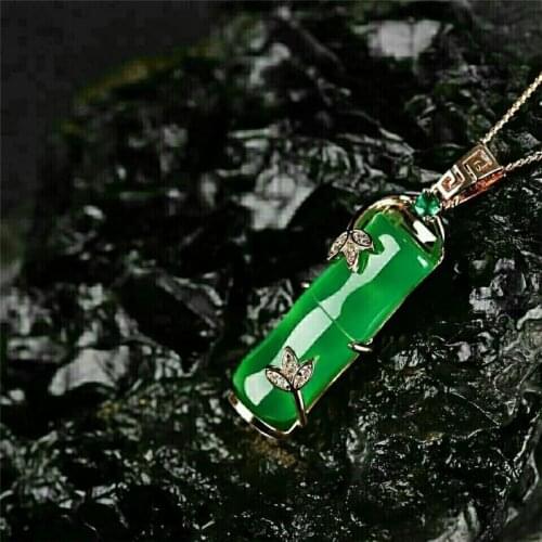 New Style Rose Gold Sterling Silver 925 Necklaces For Women Bamboo joint Natural Green Jade Pendants Necklaces Fine Jewelry Gift