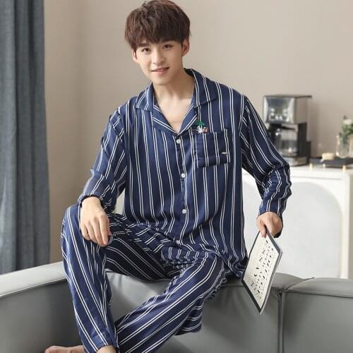 Autumn Mens Silk Striped Pajama Sets Satin Cardigan Sleepwear Pajamas Male Sleepwear Home Clothes Pijama Hombre Loungewear 4XL