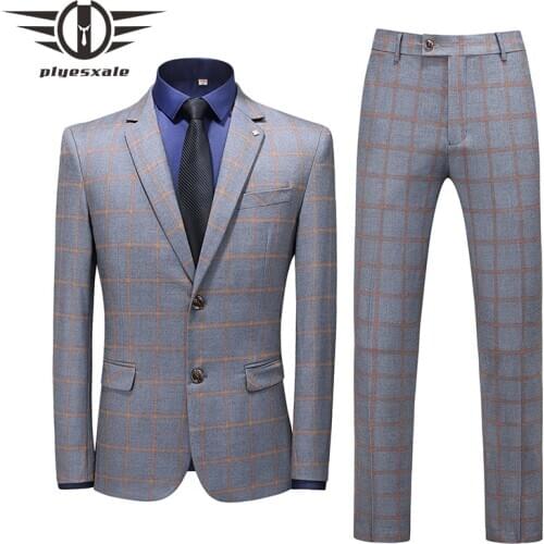 Plyesxale Navy Blue Gray Burgundy Plaid Suits For Men 2020 High Fashion Man Wedding Suit 5XL Plus Size Formal Dress Suit Q880