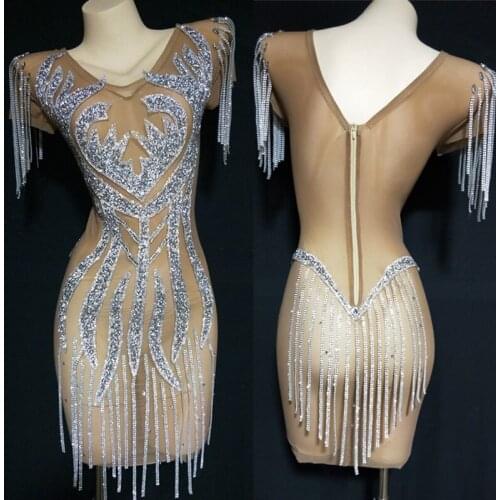 Silver Rhinestone Fringed Transparent Short Dress Latin Dance Dress Gogo Stage Performance Costumes Ds Show Mesh Outfit XS2375