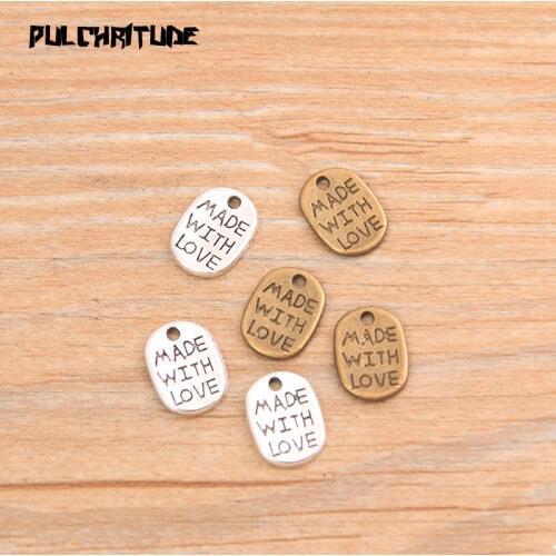 PULCHRITUDE 60pcs 8*11mm Two Color Letter Charms “MADE WITH LOVE ”Pendants Handmade Vintage For DIY Jewelry Making Findings