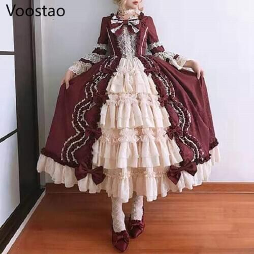 Luxurious Vintage Gothic Lolita Dress Women Sweet Bow Lace Chiffon Patchwork Ruffles Palace Princess Dress Girl Wedding Dresses