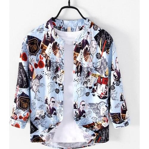 Long Sleeve Print Shirts for Men Cotton Linen Casual White Button Up Shirt Regular Single Breasted Fashion Korean Clothes