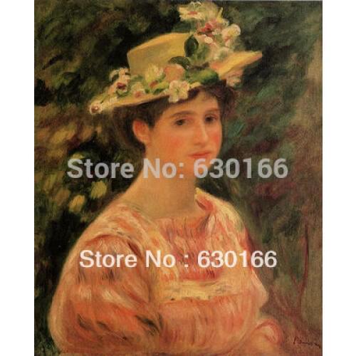 Hand Painted Oil Painting - Young Woman Wearing a Hat with Wild Roses by Pierre Auguste Renoir Wall Art Canvas