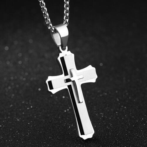 Trendy Stainless Steel Silver Color New Cross Jesus Pendant Necklace Mens Women Jewelry Free Box Chain Gift 24" Christmas Gift