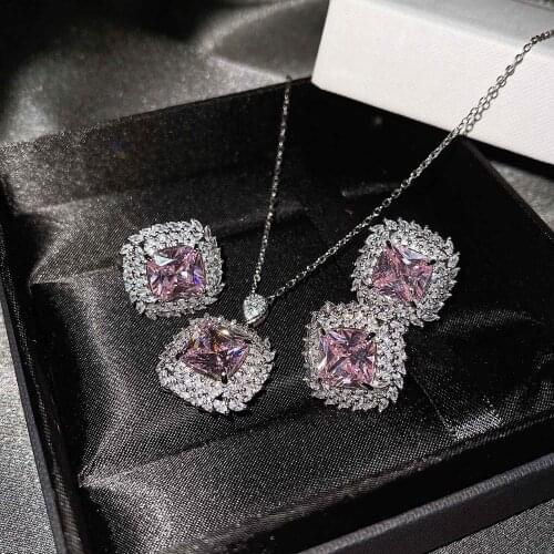 QTT Gorgeous Women Jewelry Set Silver 925 Dazzling Square Zircon Ring Earring Purple Dazzling Zircon Pendant Necklace Gift