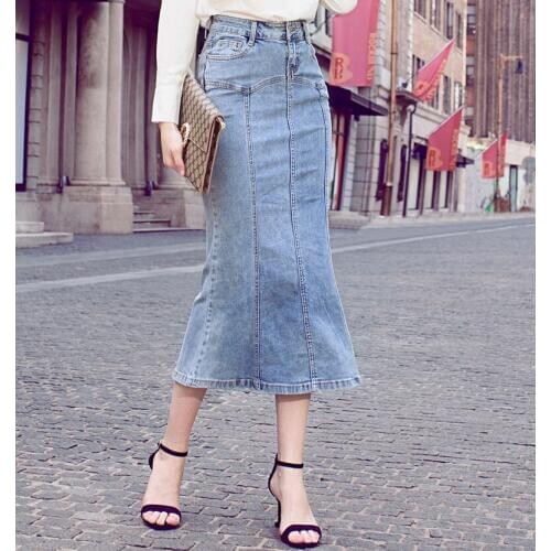 Women Denim skirt spring autumn Long section High waist Trumpet / Mermaid Denim skirt Women 1153