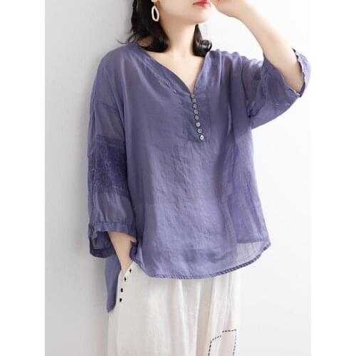 PIPIMOTHER Women Pure Cotton Art Retro Shirt Thin Embroidery V Neck Casual Cotton Blouse