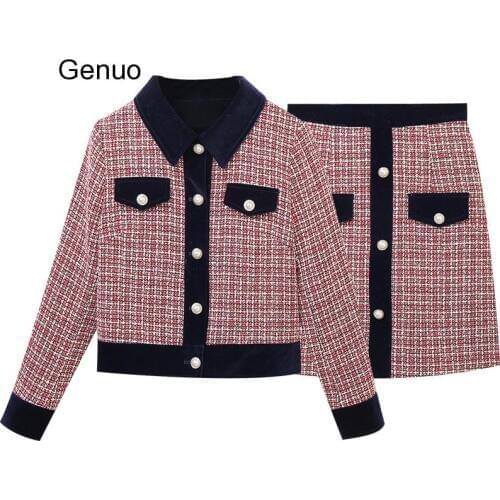 Vintage Winter Tweed 2 Piece Sets Women Buttons Coat And A-line Skirt Outfits Sets Elegant Two Piece Skirt Suits Sets 2020 New