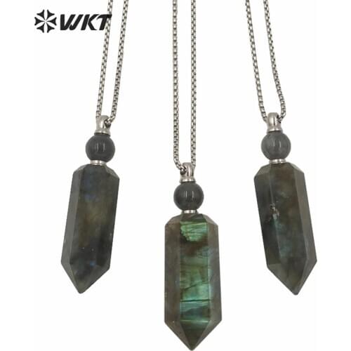 WT-N1257 Fashion Big Size Stone Perfume Bottle Necklace Luxury Vintage Labradorite Essential Oil Bottle Necklace