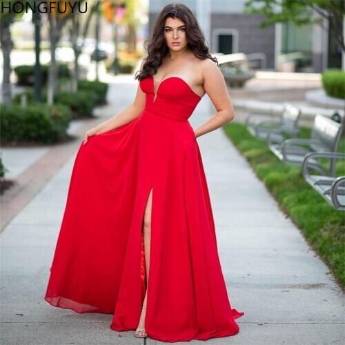HONGFUYU Simple Red Chiffon Evening Dresses 2020 Women Sweetheart Floor Length A Line Prom Party Dress With Side Split Pockets