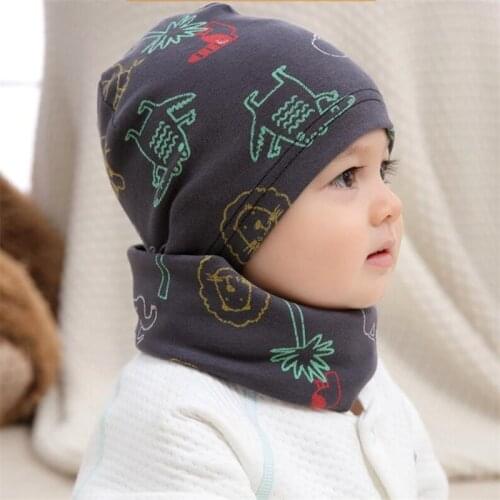 2PCS Toddler Cotton Cartoon Print Hat Baby Girls Boys Autumn Winter Beanie Cap+Scarf Set Thicken Warm Kids Hat 0-7 Years
