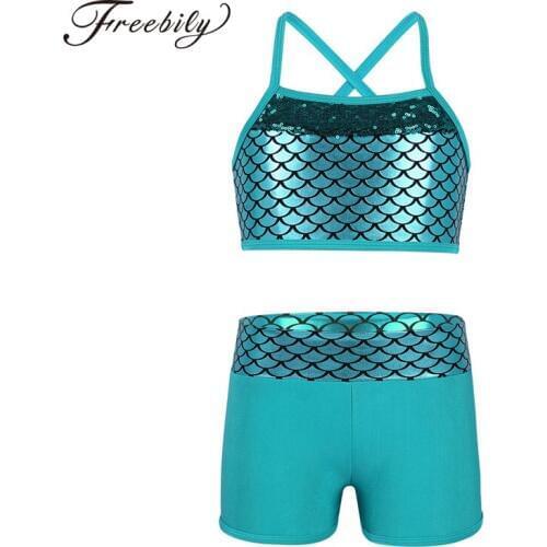 Kids Girl Tankini Suit Sequins Mermaid Scales Crop Top with Shorts Set for Gymnastics Workout Ballet Party Dance Wear