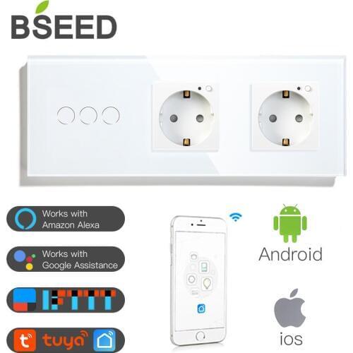 BSEED Double WiFi EU Sockets 3Gang Switch With White Black Gloden Crystal Glass Panel Control by Alexa Google Tuya