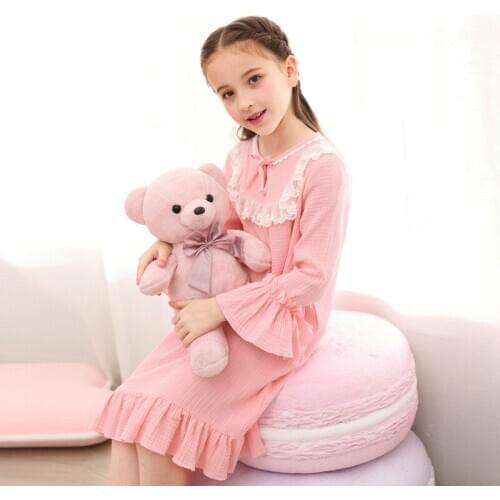 H5681 Girls Spring Summer Nightgown Female Cotton Long Sleeve Princess Home Clothes Nightwear Teenager Sweet Lovely Sleepwear