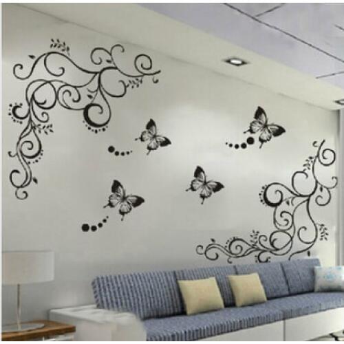 Classical Black Flower Vine Butterfly Wall Stickers Home Decor Living Room Furniture Fridge Bedroom Wall Decals Diy Mural Art