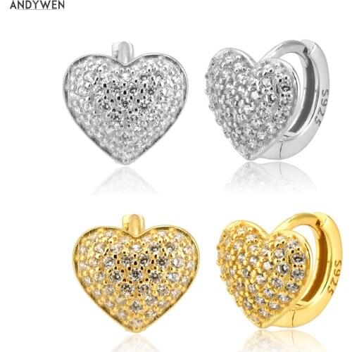 ANDYWEN 925 Sterling Silver Heart Zircon CZ Huggies Hoops Shape Big Love Thickness Loops Circle Round Women Crystal Jewelry