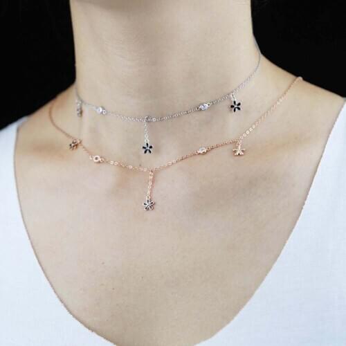 Beautiful 925 sterling silver fine necklace with cz paved flower cz dot charm wedding necklace in rose gold silver wholesale