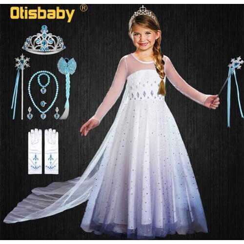Summer Princess Elsa Dress for Girls Halloween Anna Elsa Costume Crystal Birthday Dress with Fairy Long Tail Party Elsa Dress Up