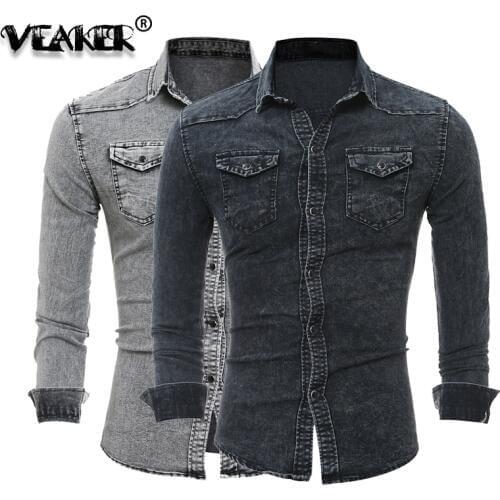 Fashion Denim Shirt Men 2020 Cotton Jeans Overshirt Slim Fit Long Sleeve Stylish Gray Washed Cowboy Shirts Tops Plus Size M-3XL