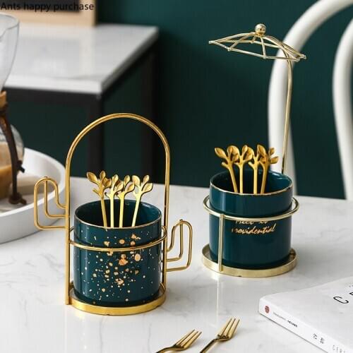 Nordic Home Fruit Fork Set Stainless Steel Metal Fork Ceramics Storage Tank Tableware Umbrella Cactus Iron Frame Organizing Cans