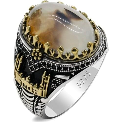 925 Sterling Silver Vintage Mens Ring Oval Natural Agate Stone Castle Turkey Constantinople Auspicious Wedding Gift