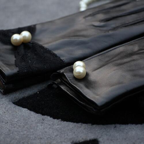 Lambskin Gloves Short Paragraph Plus Cashmere Thickened Winter Warm Driving Lace Leather Gloves