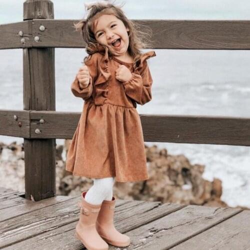 Girls Dress Autumn Toddler Kids Clothes Long Sleeve Cotton Ruffles Princess Dress New Spring Causal Corduroy Pleated Dress