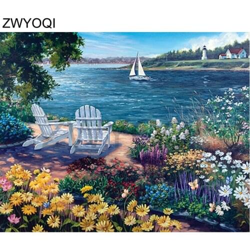 Full Round Diamond painting Cross stitch Flowers sea tree Full Square Diamond mosaic Beach chair sailing DIY Diamond embroidery