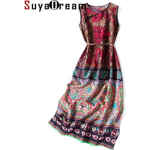 SD Women Silk Long Dress 100%Silk Crepe Printed Sleeveless Calf Length Dresses 2020 Spring Summer