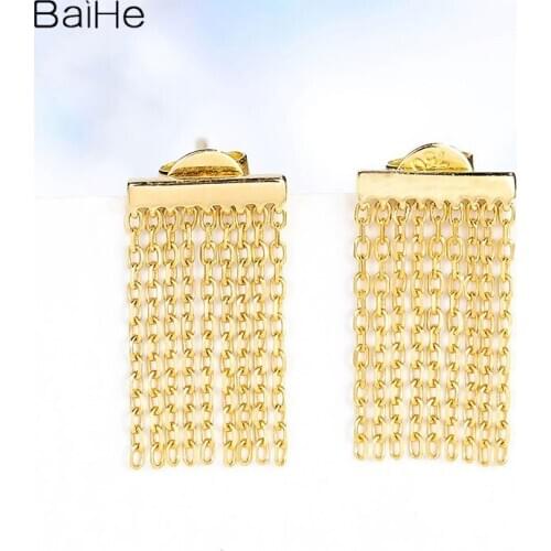 BAIHE Solid 14K White/Yellow/Rose Gold beautiful Earrings Wedding Gift Beautiful real gold tassel earrings Stud Earrings Women