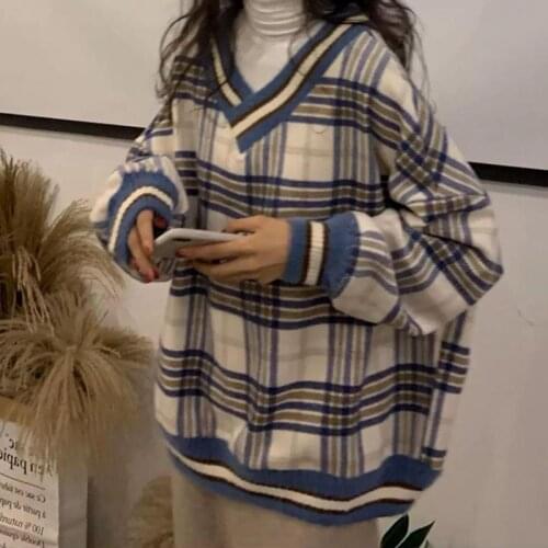 Plaid Sweater Women Sweatshirts Retro Jumper Ladies Loose V Neck Long Sleeve Top Oversized Pullover Girl Fashion Warm Streetwear