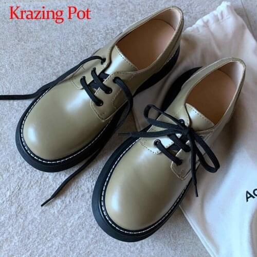 Krazing Pot preppy style thick bottom real cow leather platform sewing round toe high heel lace up daily wear fashion pumps L03