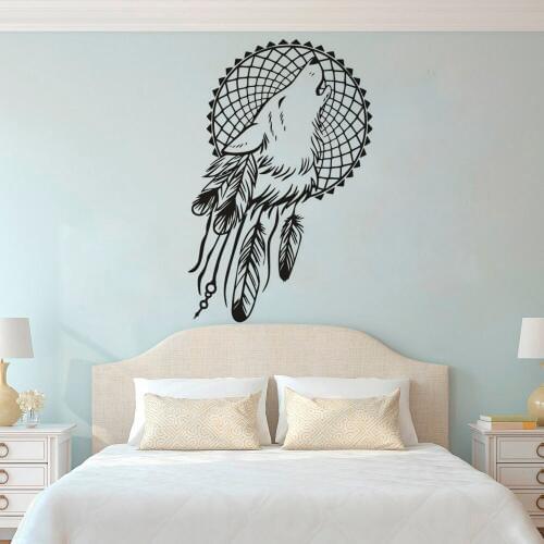 Boho Style Dreamcatcher Vinyl Wallpaper Wolf Head Dream Catcher Wall Decal Feather Dreamcatcher Bedroom Headboard Decor AZ364