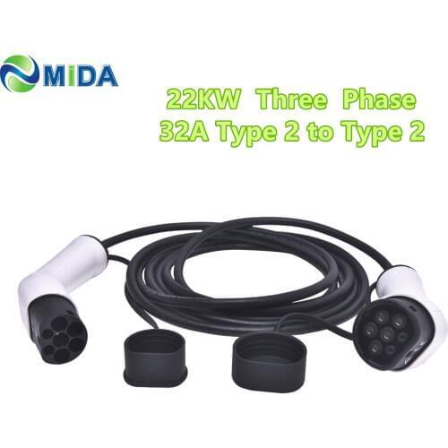 32A 22KW 3Phase EV Charger Type 2 to Type 2 EV Charging Cable IEC 62196 Type 2 Female to Male EV Connector for Electric Vehicle