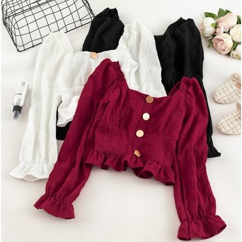 2021 Summer Women Flare Sleeve Square Collar Short Basic Pleated Button Shirt Lady Elastic Slim Ruffle Pullover Chic Blouse Tops