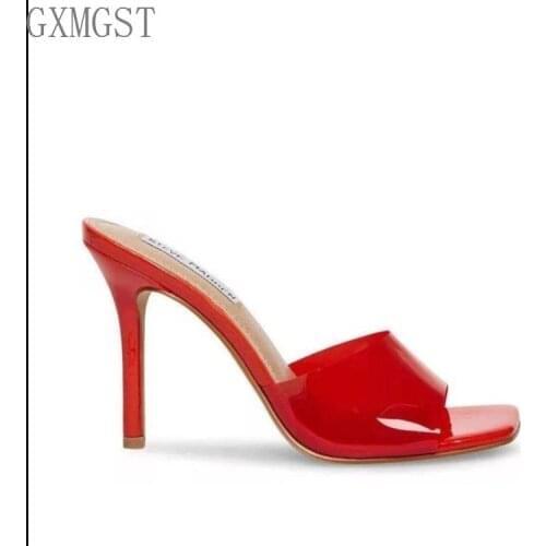 2021 new women PVC high heels party shoes summer Perspex Peep Toe sexy slide sandals high heels patent leather sandals