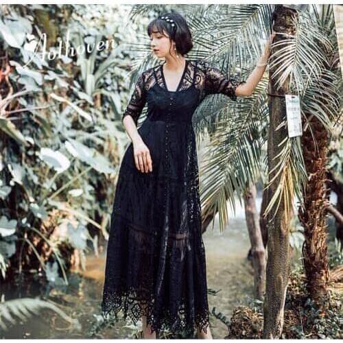 Summer Holiday Lace Maxi Dress Women Black White V Neck Half Sleeve 2 Piece Dress Vintage Sexy Party Office Lady Dresses Vestido