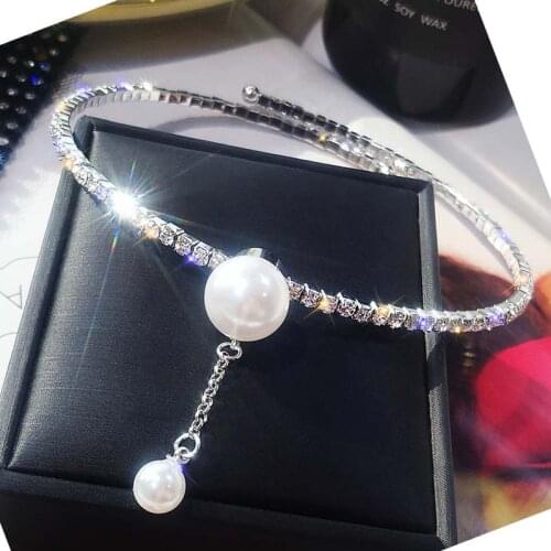 Luxury Choker Pearl Pendant Necklace for Woman Party Fine Jewelry Bling Rhinestone CZ Female Necklaces Collier Bijoux