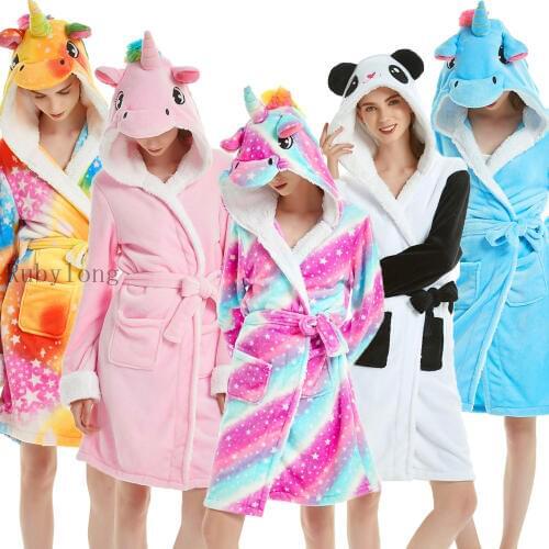 Winter Flannel Bathrobes Women Cartoon Unicorn Panda Bath Robe Pajamas Adults Dressing Gown Hooded Animal Sleepwear Girls Robes