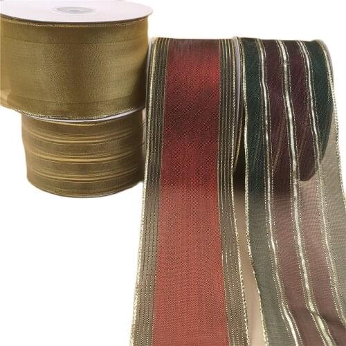 63MM X 25 Yards Cream Organza with Gold Line Wire Edge Ribbon for Birthday Decoration Gift Wrapping 2-1/2"