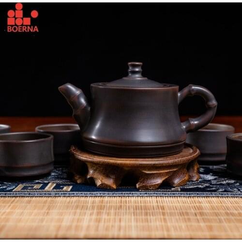 BOERNA 200-230ml Bamboo Teapot Qinzhou Ceramic Nixing Tao Teaware Handmade Tea Set for Puer Oolong Beauty Kettle with Gift Box