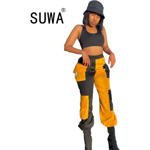 Contrast Color Spliced Casual Cargo Jogger Pant Women High Waist Side Pockets Baggy Sweatpant Streetwear Workout Running Trouser
