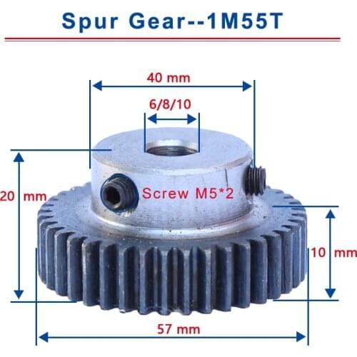 1 Piece 1M55T Spur Gear Bore Size 6 / 8 / 10 mm Motor Gear Low Carbon Steel Material High Quality Metal Gear For Motor