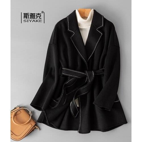 Black Womens Middle Long Classic Handmade Suit Collar Double Faced Cashmere Coat Slim Fit Show Temperament Wool Coat Fashion