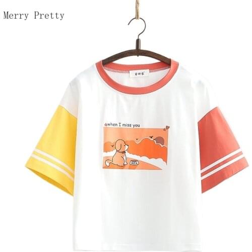 Cartoon Dog Print Casual Women Harajuku T-Shirts 2021 Summer Short Sleeve O-neck Ladies Kawaii Cute Patchwork Basic Tops Tees