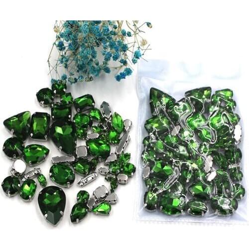 Hot selling 50pcs/bag high quality mixed shape Dark green glass crystal sew on rhinestones with claw diy clothing accessories