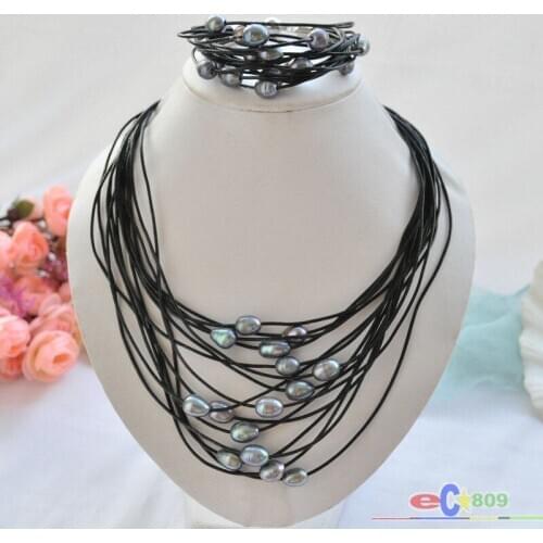 Wholesale 15row 13mm black rice pearl black leather necklace & bracelet set